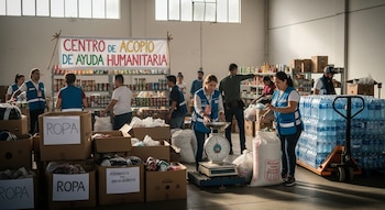 Centro de acopio de ayuda humanitaria. Voluntarios. Cajas de ropa y alimentos no perecederos. Estantes con latas. Botellas de agua. Báscula.