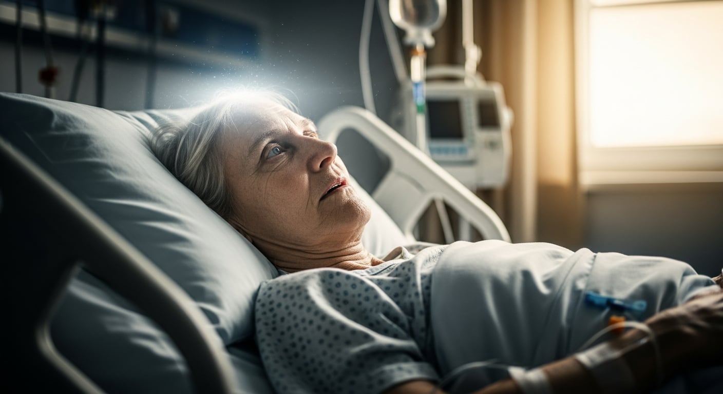 Una mujer de edad avanzada yace en una cama de hospital, conectada a un suero intravenoso, con expresión pensativa. La imagen muestra el ambiente clínico del hospital, destacando el equipo médico y la iluminación tenue que entra por la ventana, transmitiendo un momento de introspección y vulnerabilidad. (Imagen Ilustrativa Infobae)