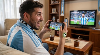 Hombre sonriente con camiseta y bufanda de Argentina mira un partido de fútbol en su celular, que muestra a Messi. Un televisor en segundo plano también exhibe el juego.