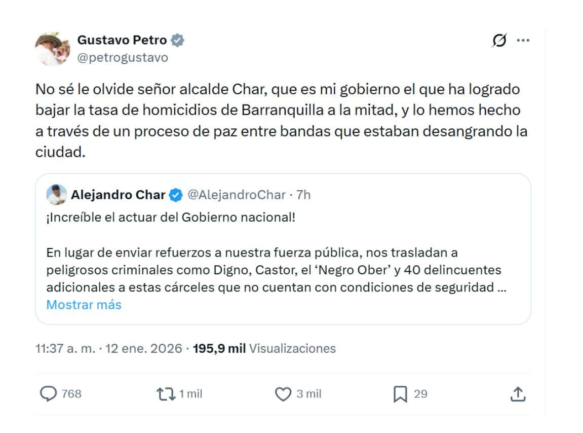 Esta fue la reacción del presidente al mensaje del alcalde de Barranquilla, que cuestionó medida de trasladar a capos a cárceles de la ciudad - crédito @petrogustavo/X