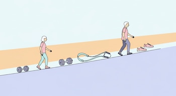Ilustración minimalista de dos figuras, una mujer y un hombre, caminando sobre una línea. A lo largo de la línea hay mancuernas, una banda elástica y zapatillas de deporte.