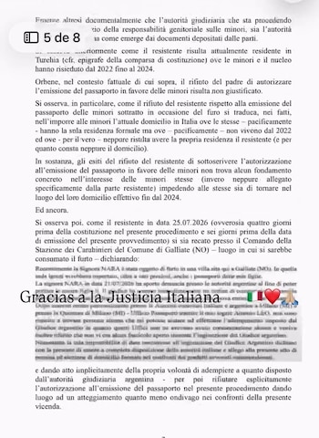 Página de texto impreso en italiano, con superposición de la frase 'Gracias a la Justicia Italiana', una bandera de Italia, un corazón y manos en oración
