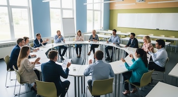 Vista cenital de personas sentadas en una mesa circular en aula moderna. Gesticulan y miran documentos. Paredes azules y verdes, grandes ventanales y pizarras blancas.