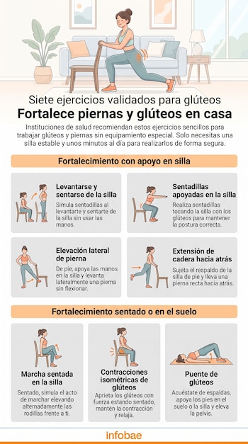 Infografía con siete ilustraciones de una mujer realizando ejercicios para glúteos y piernas con una silla en una sala, acompañados de texto explicativo.