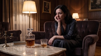 Mujer con vestido oscuro sentada en sillón de terciopelo. Mesa de mármol con decantador, vaso con licor, candelabro, libro. Lámparas de pie, cuadros, cortinas.