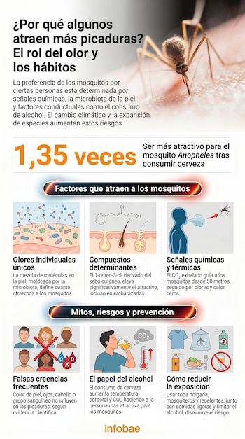 Infografía vertical con un mosquito sobre la piel. Explica factores que atraen mosquitos, mitos, el efecto del alcohol y consejos para reducir picaduras.