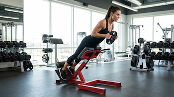 Mujer atlética en ropa deportiva negra realiza una hiperextensión con un disco de peso en una máquina de gimnasio roja.