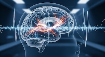 Fotografía conceptual de un cerebro humano visto de lado, con líneas de luz azul y blanca que simulan ondas cerebrales y destellos naranjas de conexiones.