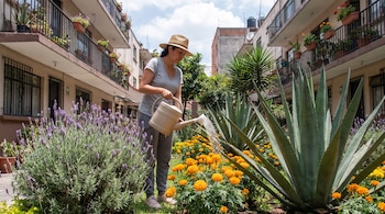 Una mujer con sombrero riega lavanda, cempasúchil y maguey manso en un jardín urbano. Se ven edificios de apartamentos.