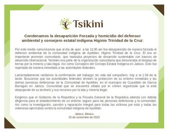 Colectivo Tsikini condenó la desaparición