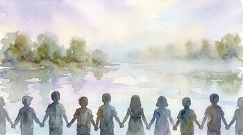 Ilustración en acuarela de siluetas infantiles de espaldas, tomadas de la mano, frente a un río con árboles difuminados y neblina.