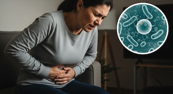 Una mujer encorvada sujeta su abdomen, mostrando dolor, en un hogar. Un círculo superpuesto detalla bacterias Shigella alargadas y redondas vistas al microscopio.