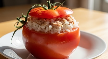 Cada porción de tomate relleno