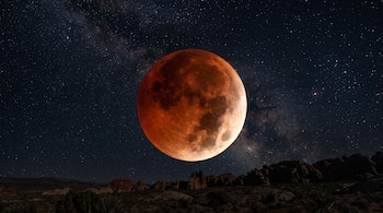 Luna llena de tono cobrizo en eclipse parcial sobre el horizonte con siluetas de rocas y un cielo nocturno estrellado.