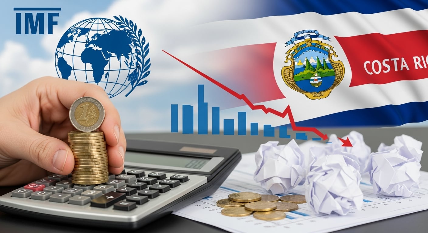 Una mano genérica sostiene una pila de monedas costarricenses sobre una calculadora, con gráficos descendentes y papeles arrugados, mientras los logos del FMI y el escudo de Costa Rica se ven detrás, indicando tensión económica. (Imagen Ilustrativa Infobae)
