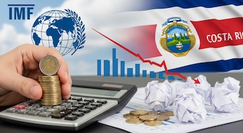 Primer plano de una mano apilando monedas sobre una calculadora, con papeles arrugados y gráficos de barras azules. Detrás, el logo del FMI y el escudo de Costa Rica.