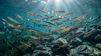 Un banco de peces nada en aguas claras sobre un lecho de rocas iluminado por rayos de luz solar que ingresan desde la superficie.