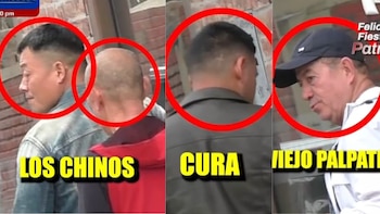 Primer plano de cuatro hombres; uno con gorra, dos con cabello corto y uno calvo. Círculos rojos sobre sus cabezas. Texto superpuesto que dice "Los Chinos", "Cura" y "El Viejo Palpatine"