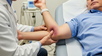 Un médico de bata blanca examina el codo de un paciente adulto acostado, que presenta una hinchazón y coloración violácea en la articulación.