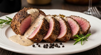 Primer plano de lomo a la pimienta en rodajas sobre un plato blanco, cubierto con salsa cremosa de pimienta, adornado con romero y granos de pimienta negra.