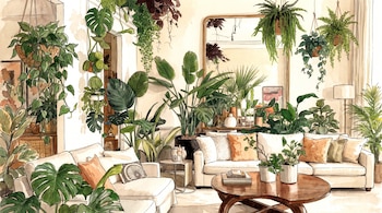 Ilustración en acuarela de una sala con sofás blancos, plantas colgantes, una monstera, una mesa de centro de madera y un espejo en la pared.