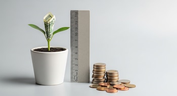 Una maceta de cerámica blanca con una planta de hojas verdes y un billete de dólar enrollado, una regla gris de baja altura y monedas dispersas sobre un fondo gris claro.