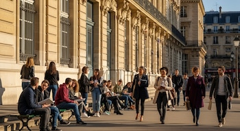 Vista exterior de un edificio universitario clásico de piedra en Francia, con grupos de estudiantes caminando y socializando bajo la luz del sol.