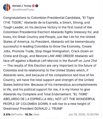 Este fue el mensaje que compartió Donald Trump el miércoles 10 de junio de 2026 - crédito @realDonaldTrump / Truth Social