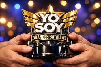 Primer plano de trofeo 'Yo Soy Grandes Batallas' en dorado y negro, con letras blancas, sostenido por manos. Fondo difuso de luces de escenario azules, moradas y doradas.