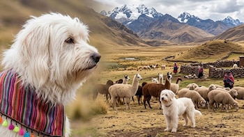 Primer plano de un perro blanco con pañuelo colorido junto a una vista rural con ganado, otro perro blanco y montañas nevadas