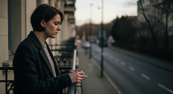 Mujer de cabello corto y oscuro en un balcón, vestida con abrigo y suéter, sosteniendo un cigarrillo encendido con humo visible. Al fondo, una calle urbana borrosa.