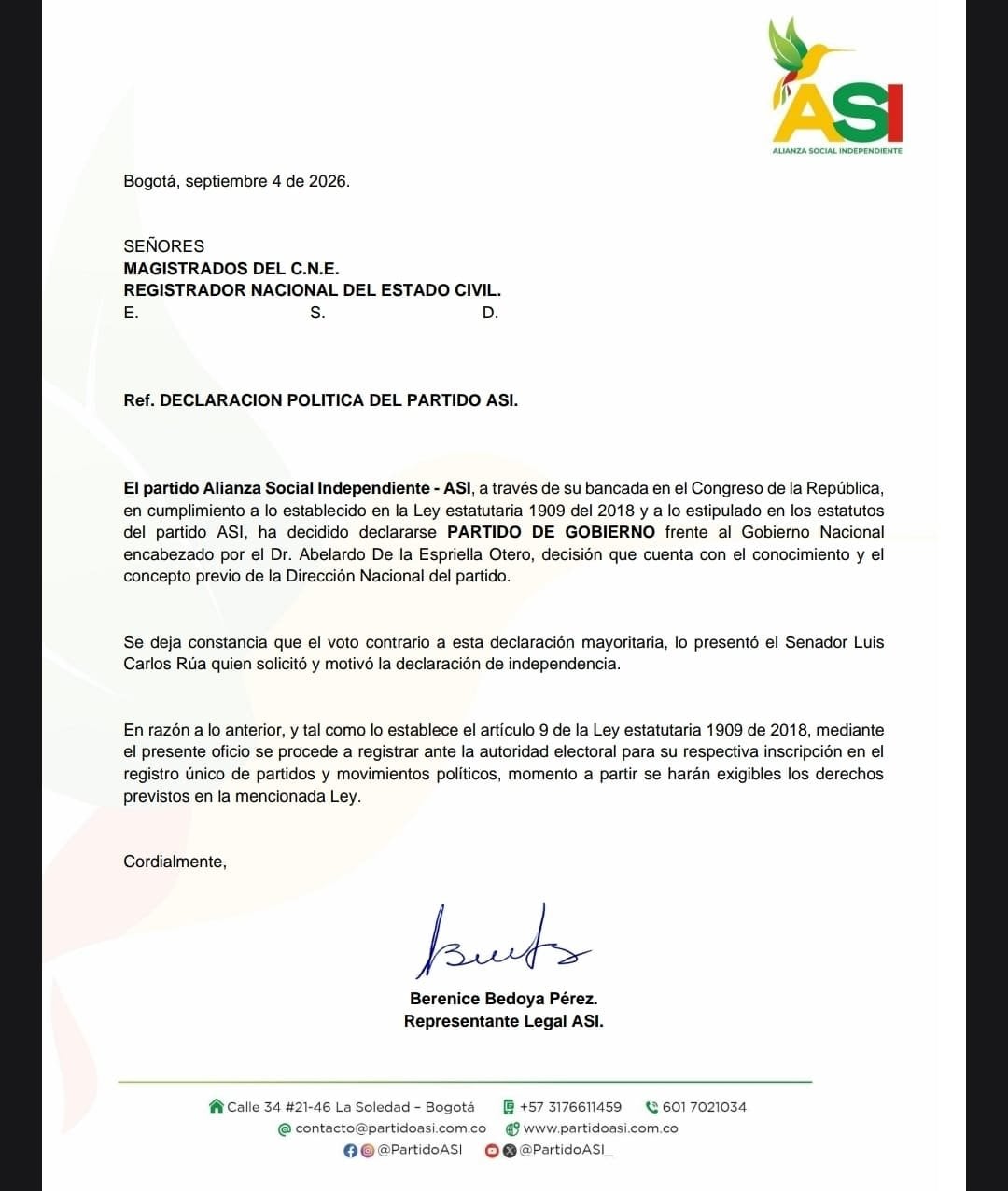 El partido ASI se declaró de gobierno - crédito @elefantescol/X