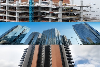 Tres fotos superpuestas: una obra en construcción con grúa, rascacielos con fachada de vidrio y la torre de un edificio residencial.