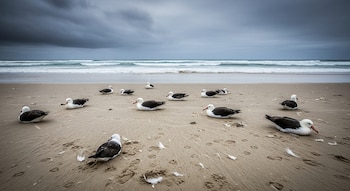 Una docena de albatros descansa en una playa de arena húmeda con plumas y huellas, el mar con olas y un cielo cubierto de nubes oscuras.