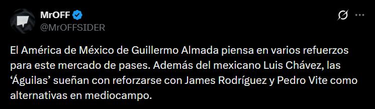 América de México se interesaría en James Rodríguez, aunque por ahora no tendría acercamientos - crédito @MrOFFSIDER/X