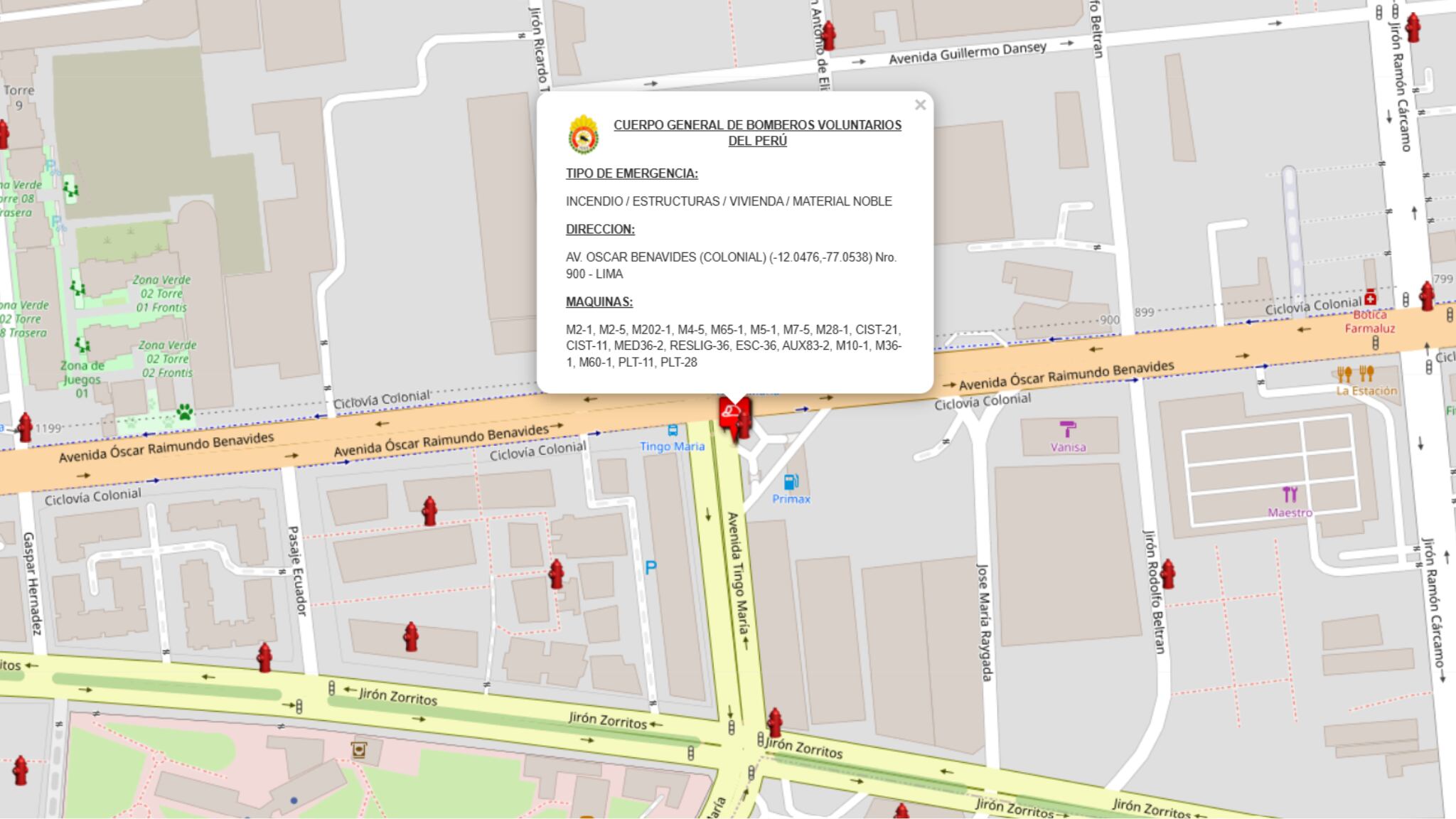 Mapa de ubicación donde se reporta el incendio en el Cercado de Lima| Página oficial de los Bomberos