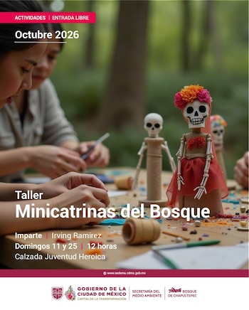 Cartel con personas en una mesa al aire libre junto a figuras de calaveras vestidas con papel y flores para un taller de manualidades