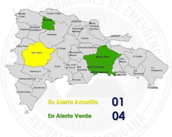 El COE colocó a San Juan en alerta amarilla por lluvias y mantuvo en alerta verde a Santo Domingo, el Distrito Nacional, Monte Plata y Valverde en República Dominicana./ (COE)