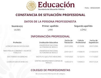 El título de Derecho obtenido por Ulises Lara en el Centro Universitario Cúspide de México se convirtió en el principal punto de cuestionamientos sobre su trayectoria académica. (SEP)