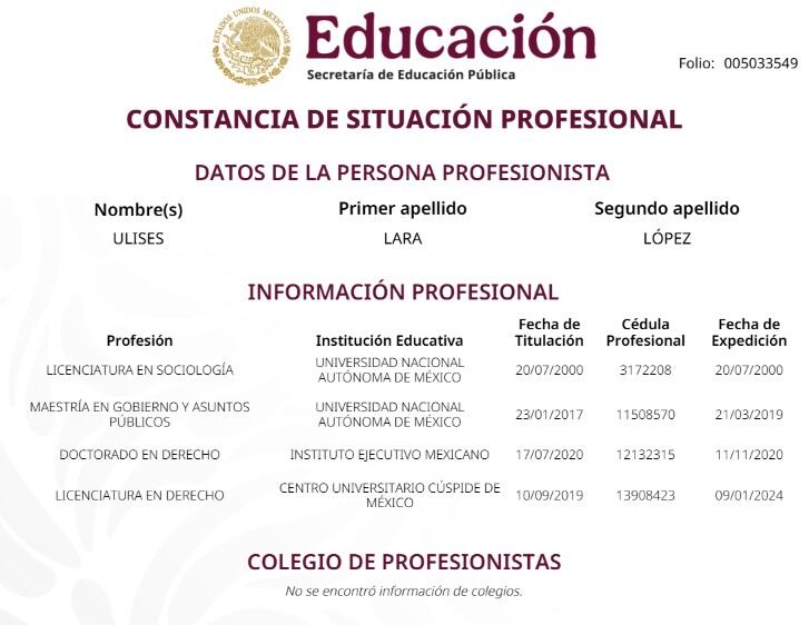 El título de Derecho obtenido por Ulises Lara en el Centro Universitario Cúspide de México se convirtió en el principal punto de cuestionamientos sobre su trayectoria académica. (SEP)