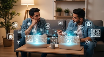Dos hombres sentados en un sofá miran a dos computadoras portátiles en una mesa de café, con iconos virtuales de inteligencia artificial y datos flotando.