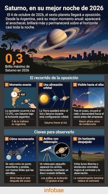 Infografía sobre Saturno con diagramas de alineación orbital, mapa de la Argentina y recomendaciones ilustradas para la observación del planeta.