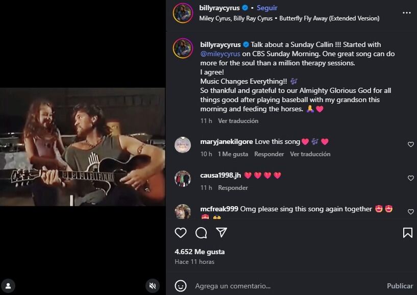 Billy Ray Cyrus mostró su cariño hacia Miley Cyrus con un post de Instagram. (Instagram/Billy Ray Cyrus)