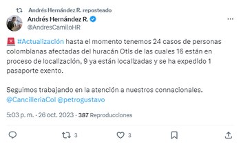 Consulado de Colombia en México reportó 24 damnisficados colombianos por el huracán Otis - crédito @AndréscamiloHR / X