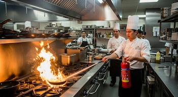 Un chef con gorro blanco utiliza un extintor de incendios rojo sobre una sartén en llamas en una cocina industrial con varios cocineros de fondo.