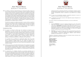 Documento oficial del Jurado Nacional de Elecciones de Perú con encabezado, número de resolución, párrafos de texto y lista de firmantes