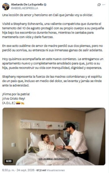 El mandatario destacó el acto de valentía de la mujer, que sacrificó sus dos piernas con tal de mantener con vida a su hija entre los escombros - crédito @ABDELAESPRIELLA/X