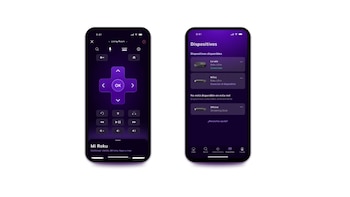Dos teléfonos móviles muestran la aplicación Roku. El primero, una interfaz de control remoto; el segundo, una lista de dispositivos conectados y disponibles