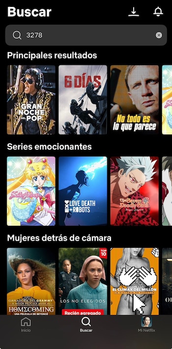 Una captura de pantalla de la aplicación de Netflix en modo oscuro muestra la página "Buscar" con una barra de búsqueda y varias filas de miniaturas de películas y series