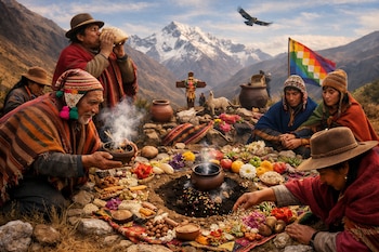 Seis personas con vestimenta andina en un ritual con ofrendas, un pozo humeante, una bandera Wiphala, una cruz y montañas nevadas al fondo.